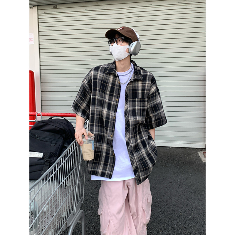 韩版潮流复古格子大码翻领短袖衬衫内搭外套DC2223-P26【特价】,男装衬衫,电商A007