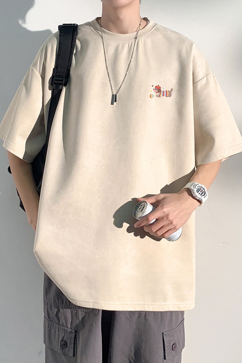 棕色麂皮绒重磅美式小领口t恤男短袖宽松慵懒风复古潮牌七分袖夏,男装T恤,电商A007