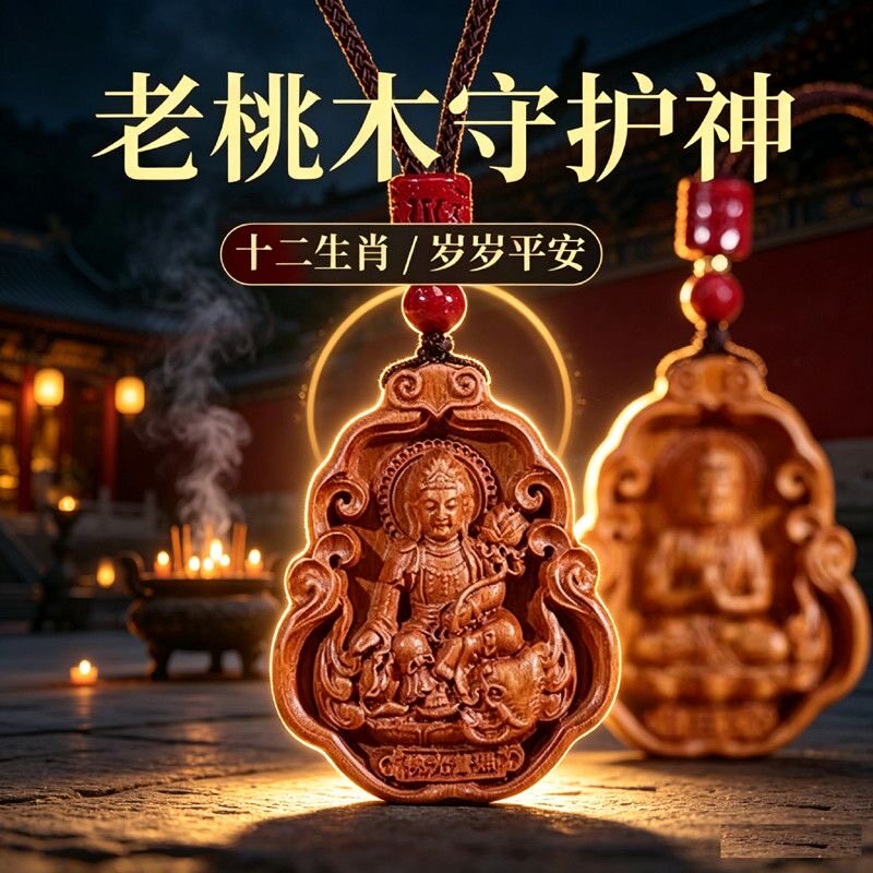泰山桃木守护挂件十二生肖本命佛吊坠普贤菩萨文殊菩萨虚空藏菩萨