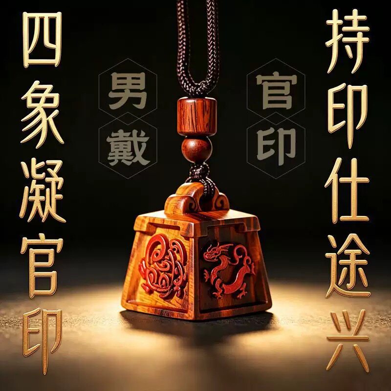 雷击桃木四象神兽官印随身护身吊坠浮雕朱砂木雕挂饰四象雷击官印