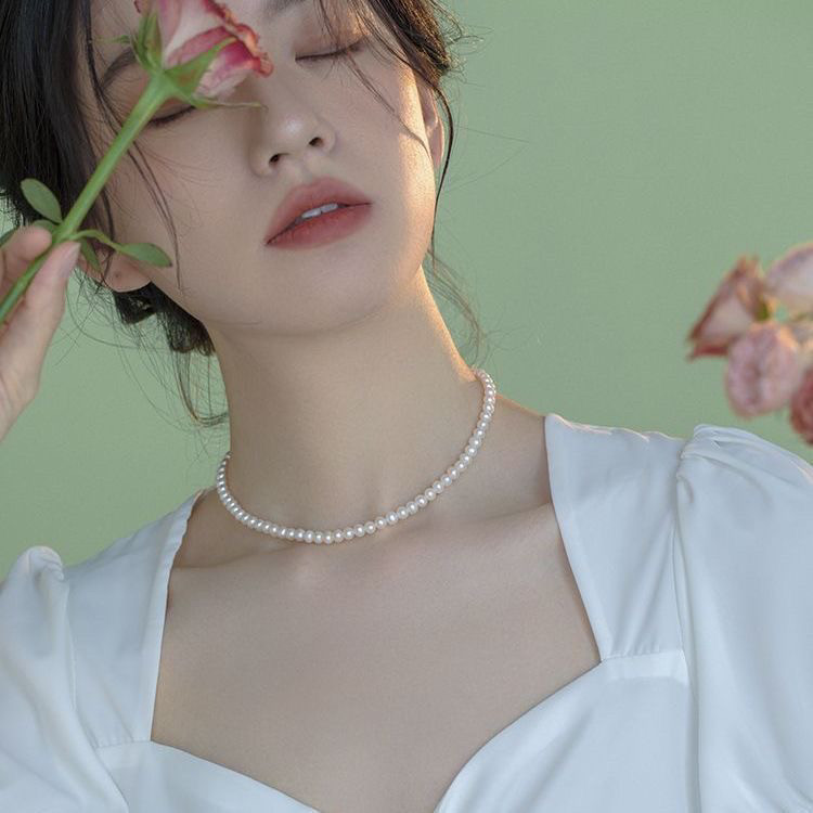 真多麻灰天然淡水珍珠项链轻奢小众女细正圆小米粒锁骨链高级颈链