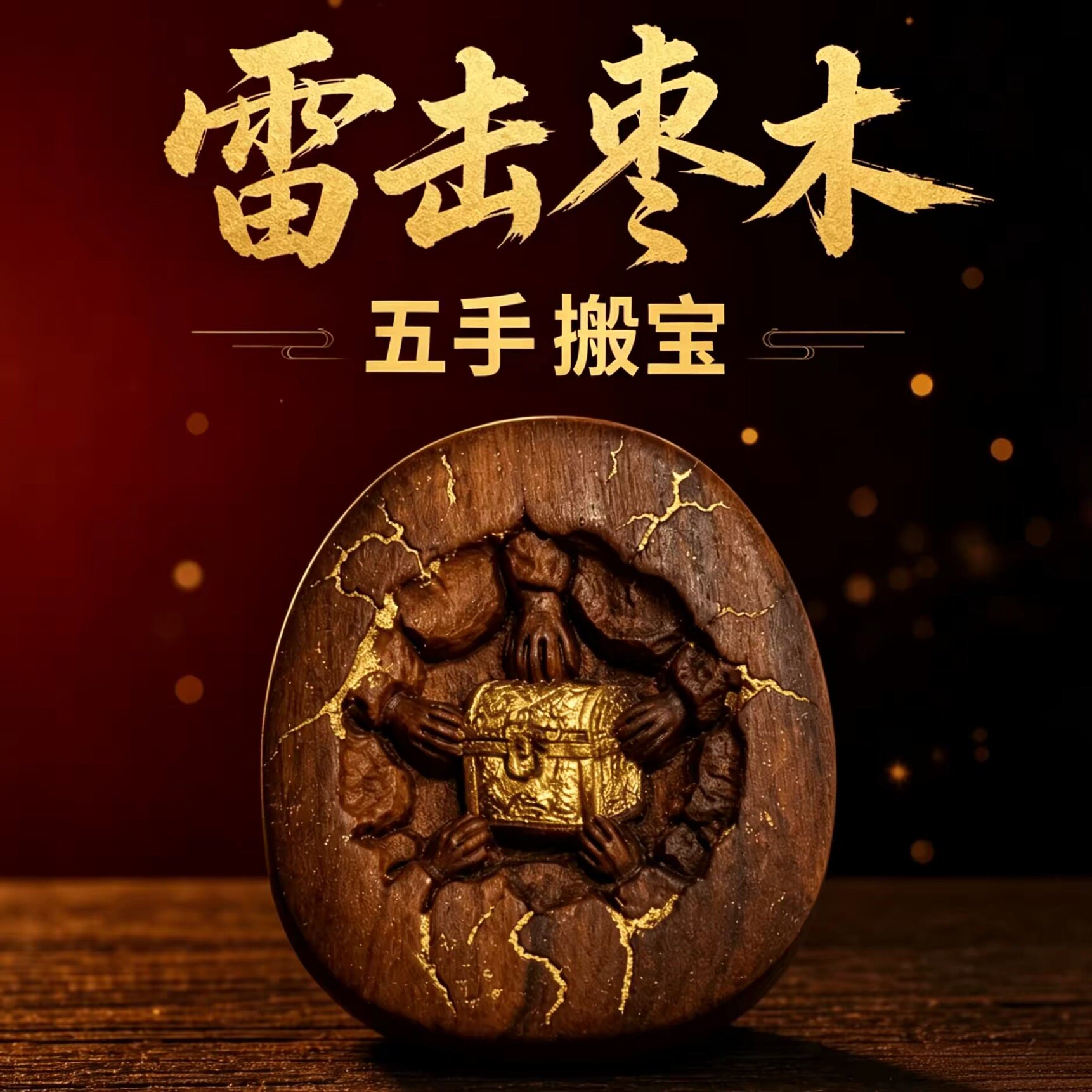 【龙虎山直发】道家工艺雷击木五手搬宝雕刻圆牌手把件挂饰挂件