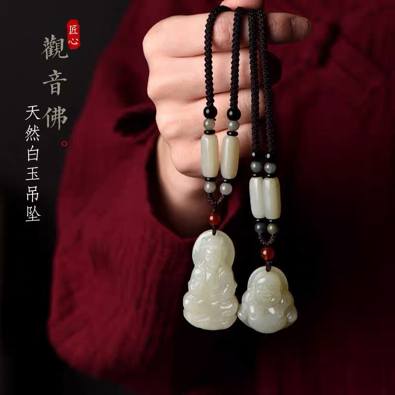 天然白玉观音笑佛吊坠毛衣链玉石吊坠真玉玉坠玉佩男女款项链