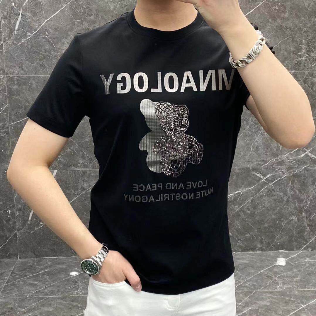 潮牌烫钻小熊冰丝短袖t恤男夏季潮流修身时尚休闲百搭圆领半袖潮