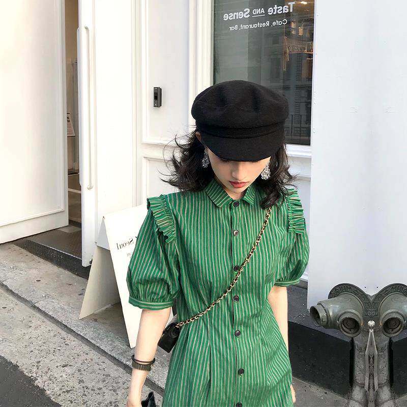 欧洲站2025新款高级感气质泡泡袖衬衫裙小清新绿色条纹连衣裙女夏