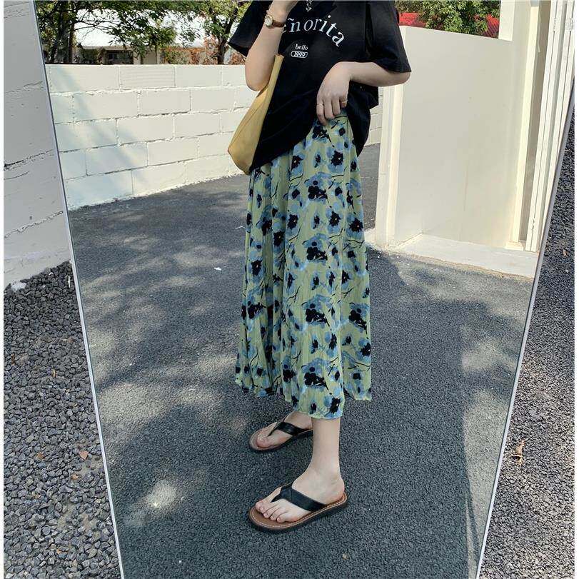 2025夏季新款雪纺碎花半身裙女慵懒风印花中长高腰伞裙覆古a字裙