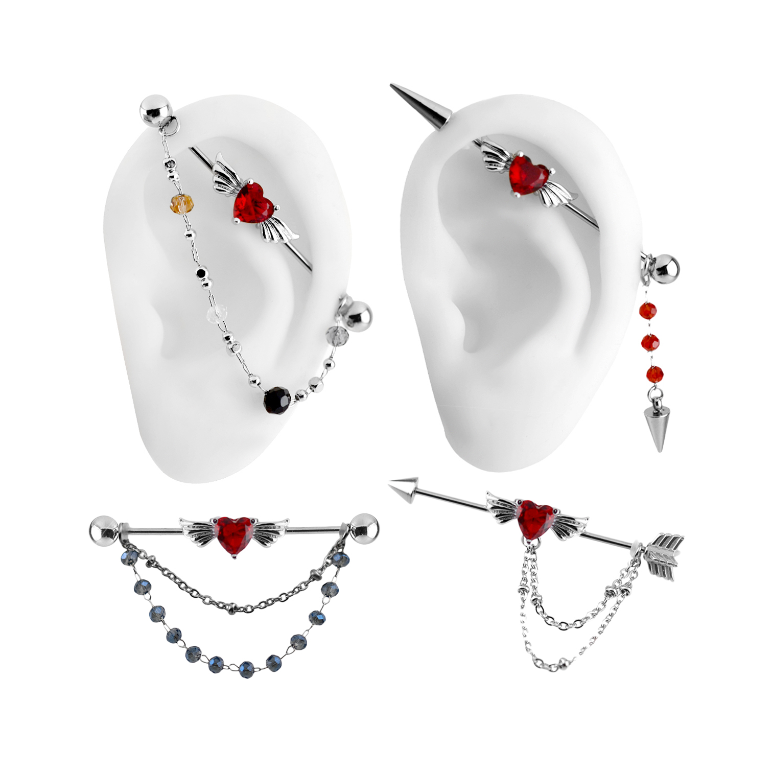 韩国大桃心天使翅膀箭头粉钻吊坠流苏耳桥链气质少女粉镶钻甜美耳