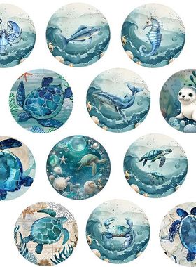 跨境绿色系鲸鱼海龟海马螃蟹等海洋动物玻璃贴片软磁冰箱贴装饰品