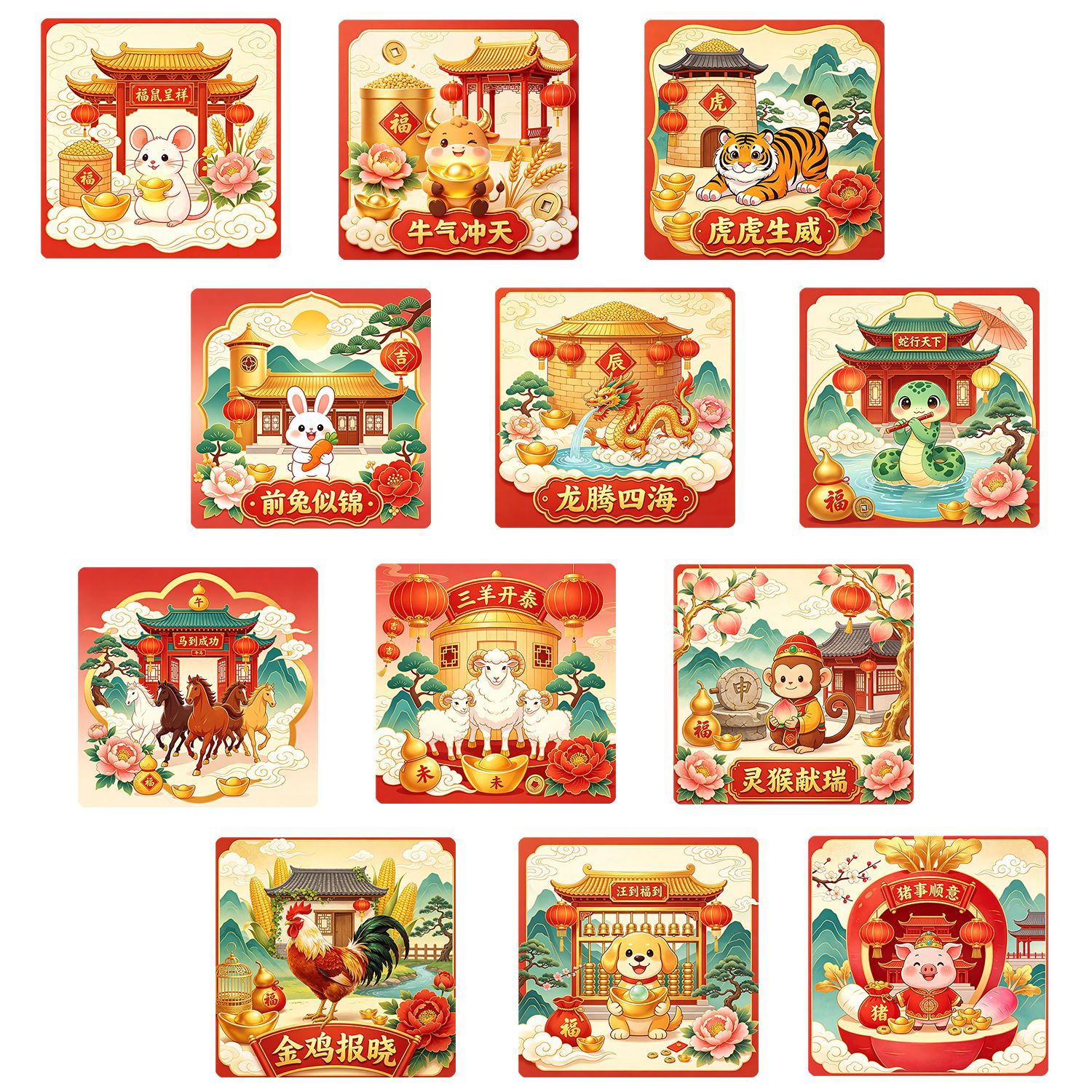 新年十二生肖玻璃冰箱贴全套属相喜庆中式插画旅游纪念家居装饰品