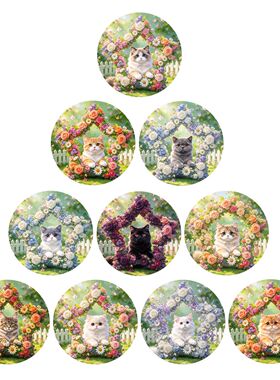 鲜花花框猫咪玻璃冰箱贴花园围栏萌猫圆形磁吸贴家居装饰小礼品