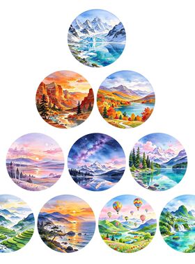 多彩手绘风光玻璃冰箱贴梯田日落星空山林瀑布图案厨房磁吸纪念贴