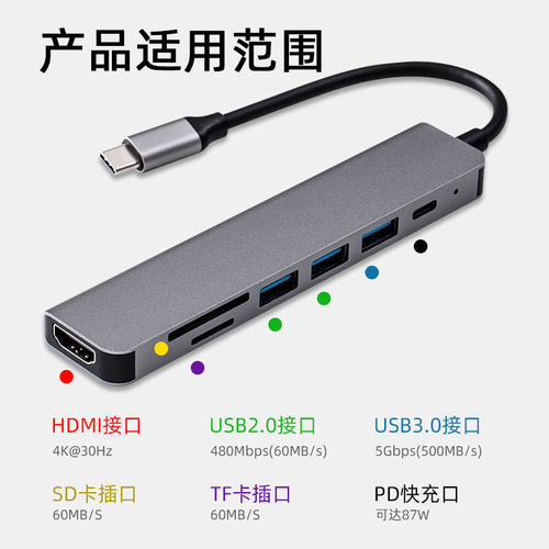 跨境七合一Type-c转HDMI PD SD/TF读卡器 USB3.0 HUB集线器拓展坞