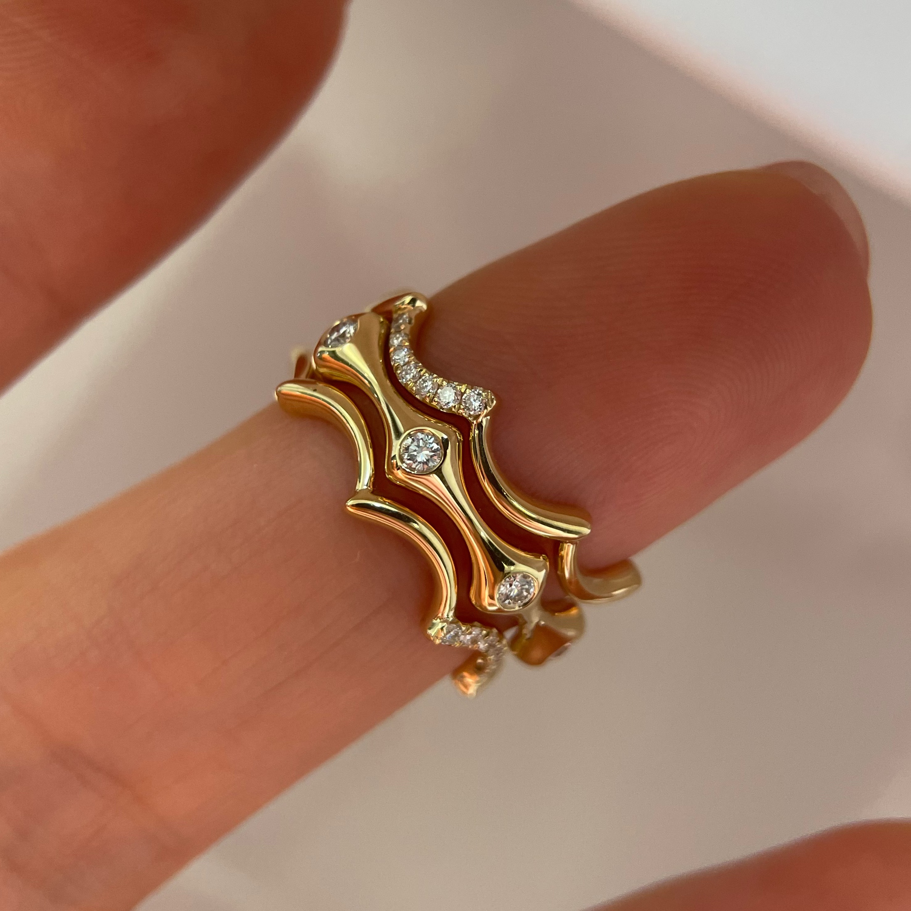 真钻曲线钻石排戒18K叠戴戒指