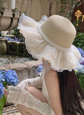 法式蕾丝蝴蝶结草帽女夏季大帽檐遮阳防晒帽海边沙滩度假太阳帽子