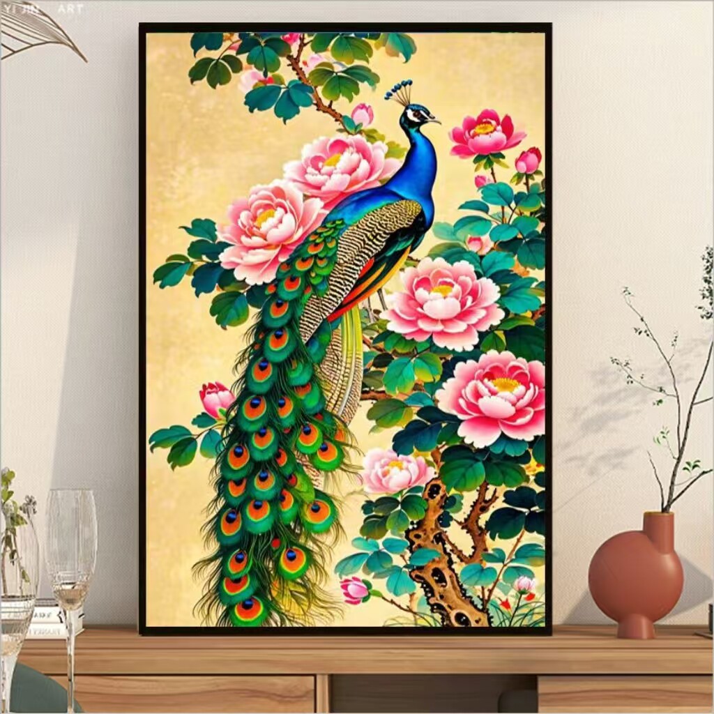 2026新款钻石画孔雀花开富贵手工贴钻十字绣牡丹花卉钻客厅玄关画