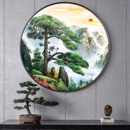 5D迎客松新款钻石画圆形带合金框