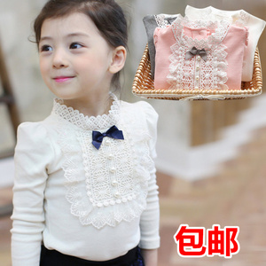 2020春秋女童打底衫纯棉蕾丝领打底衣儿童蝴蝶结长袖T恤宝宝上衣