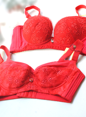 70BC75CD80C85A无钢圈性感蕾丝文胸聚拢女薄款棉杯本命年内衣红色