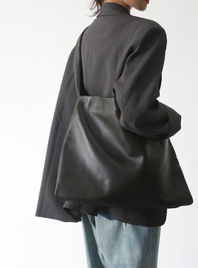 角落原创 手工真皮 慵懒风黑色大方包单肩包女包极简设计2752