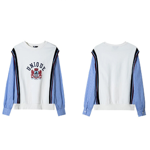 天 专柜价689 圆领卫衣10144 条纹拼接假两件印花套头长袖 语