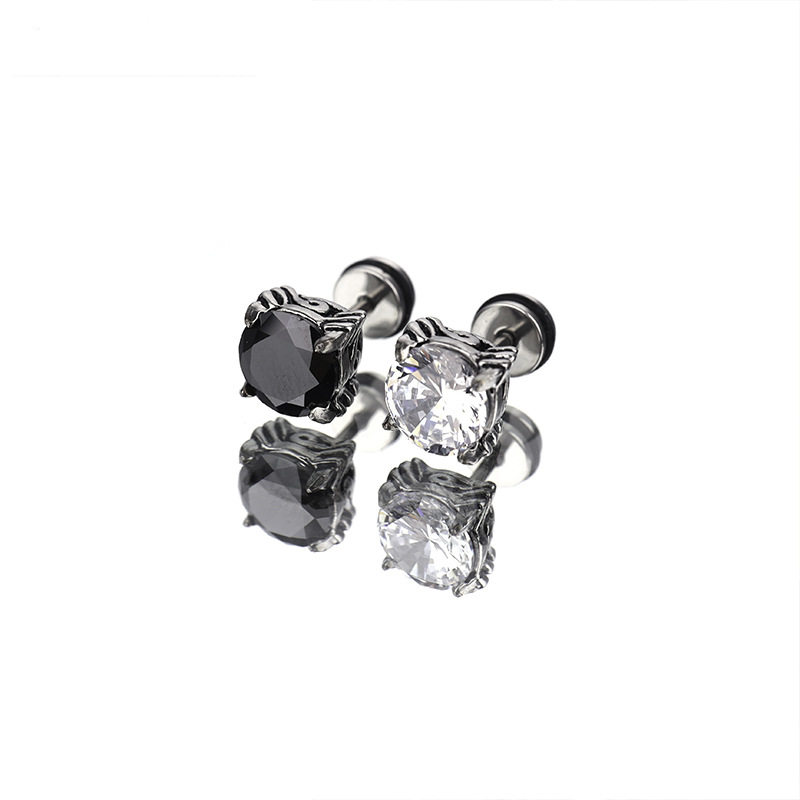 耳饰钛钢黑白方形锆石四爪小众耳钉耳环朋克土酷日韩时尚复古电镀