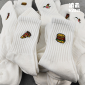 3双小红心系列汉堡披萨刺绣白色袜子长筒运动毛巾底棉袜潮流时尚