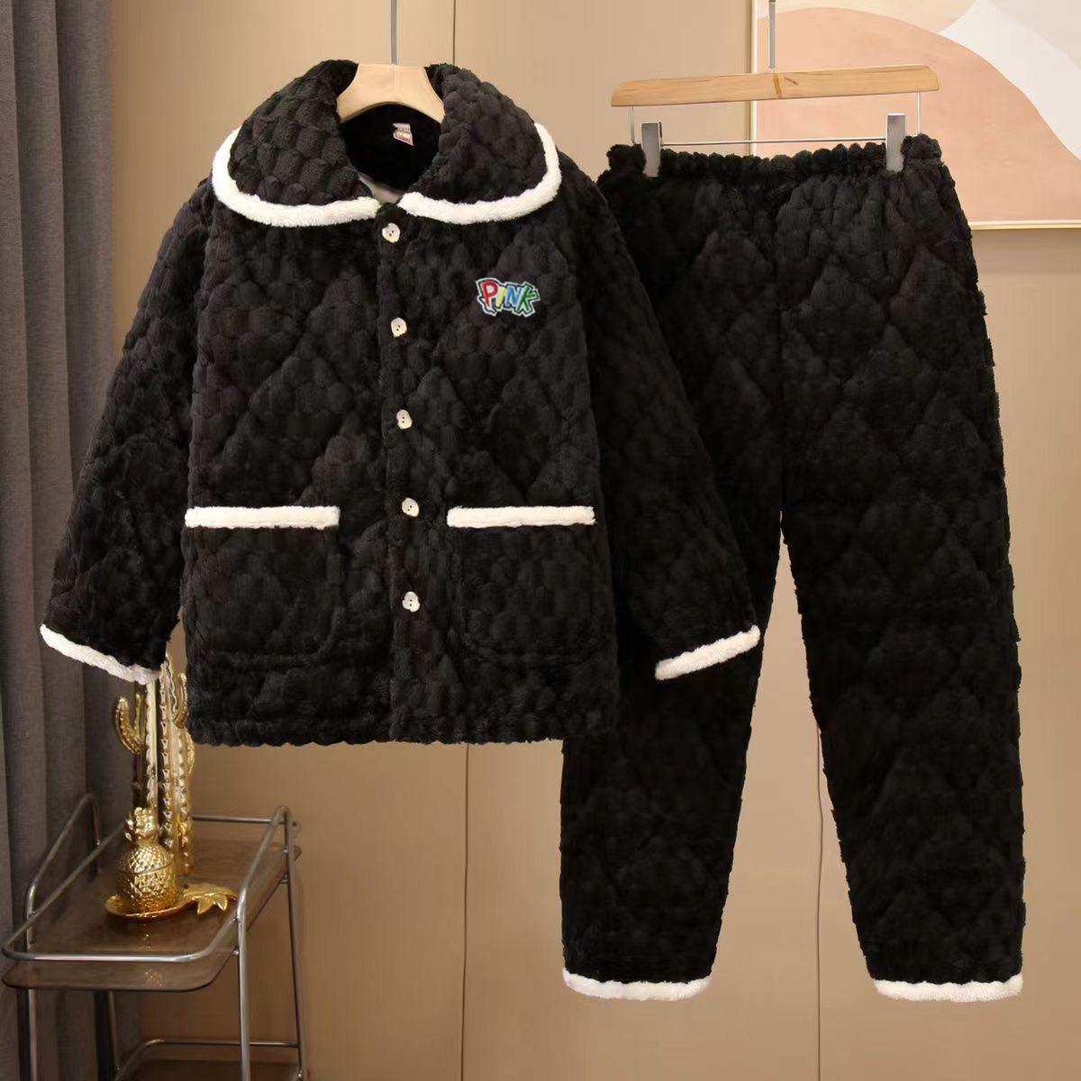 睡衣中老年人女冬季三层夹棉法兰绒加厚加绒立领珊瑚绒冬天家居服