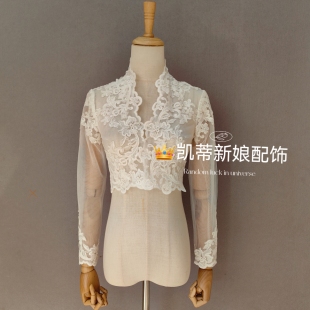 新娘婚纱温柔内气质修身v领微透蕾丝上衣抹胸礼服群百搭披肩长袖