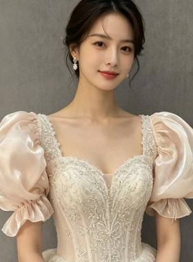 新娘婚纱手袖短袖荷叶边2026新款香槟色轻奢小众法式复古礼服手袖