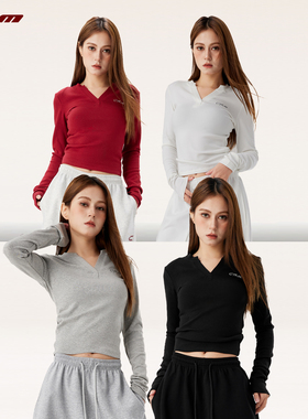 CYRM街舞潮牌美式辣妹V领长袖T恤女春秋爵士舞打底修身跳舞上衣