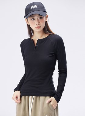 CYRM潮牌美式v领针织修身长袖t恤女秋季正肩内搭打底衫半开领上衣