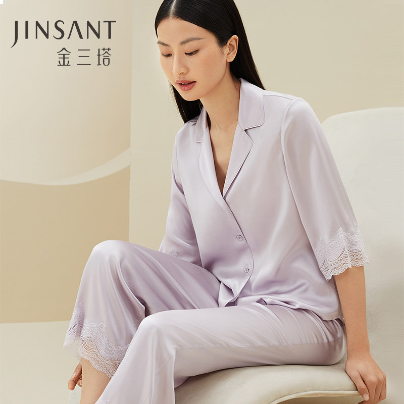 金三塔真丝睡衣女100%桑蚕丝V领蕾丝边丝滑舒适绸缎家居服衣裤套