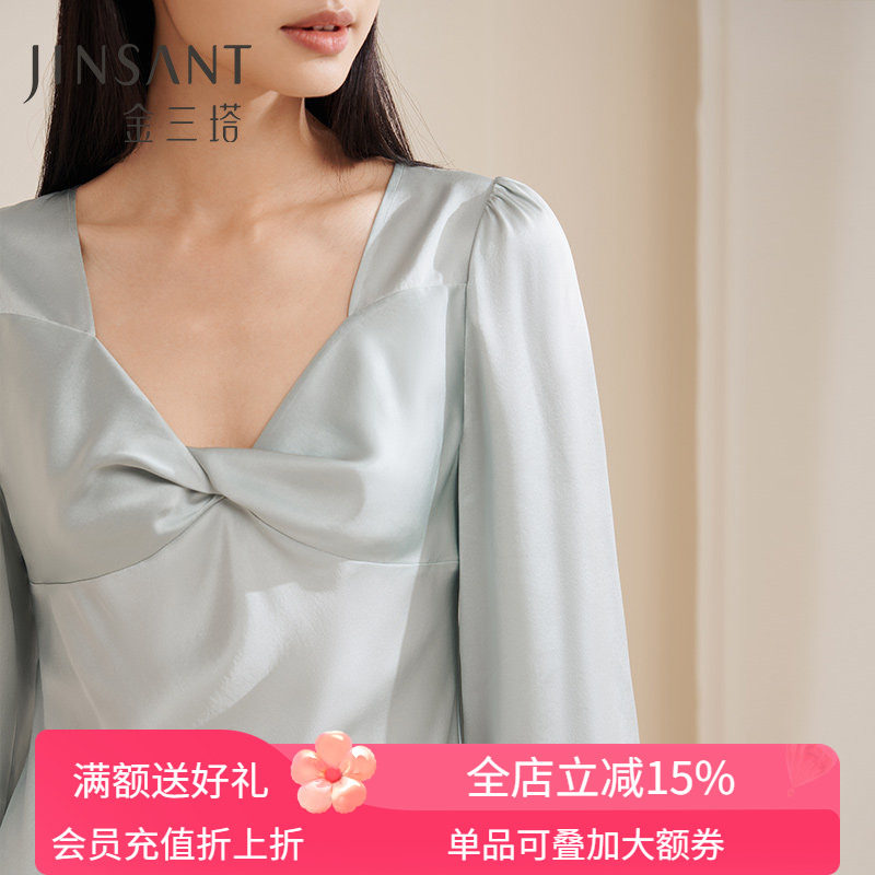 金三塔真丝睡裙女100%桑蚕丝扭结设计蕾丝袖口优雅宽松长袖家居服