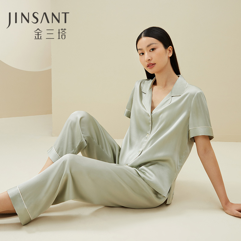 【真柔软真丝睡衣】金三塔100%桑蚕丝家居服宽松透气丝绸短袖长裤
