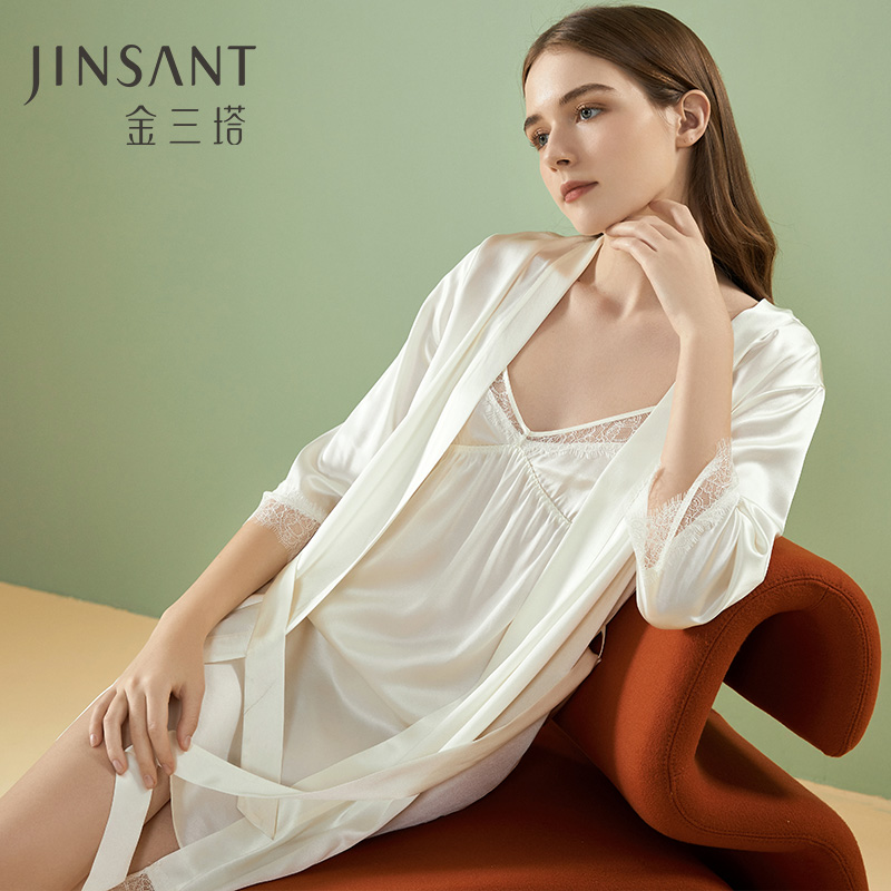 金三塔100%桑蚕丝 丝滑舒适真丝雅致蕾丝睡袍 纯白家居服新品
