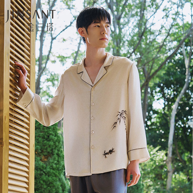 送礼礼物】重磅真丝睡衣男100%桑蚕丝中印花衣裤套家居服金三塔