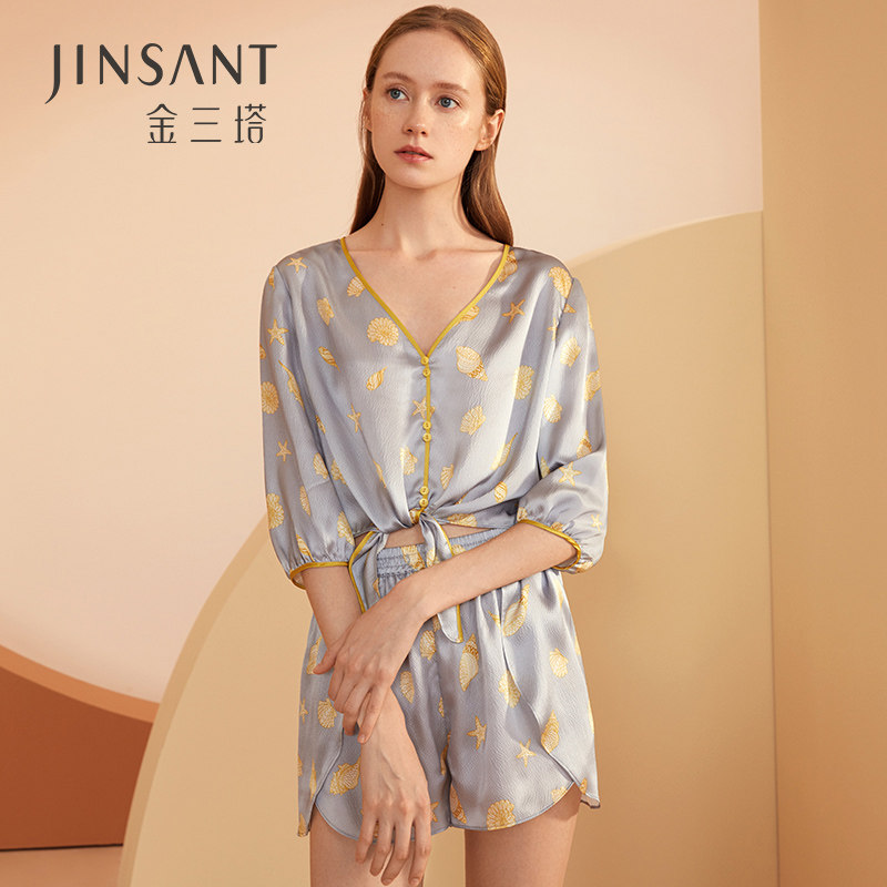 不易皱真丝】100%桑蚕丝睡衣印花V领中袖短裤真丝家居服女金三塔
