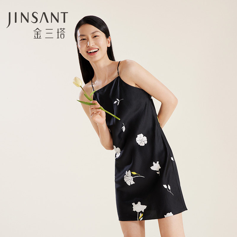 真丝珍珠缎】100%桑蚕丝时尚不易皱吊带裙连衣裙春夏睡裙女金三塔