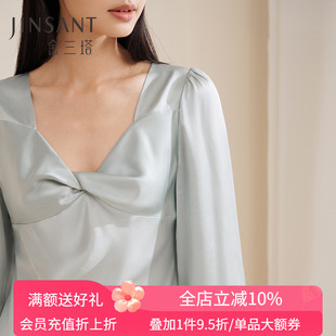 口优雅宽松长袖 金三塔真丝睡裙女100%桑蚕丝扭结设计蕾丝袖 家居服