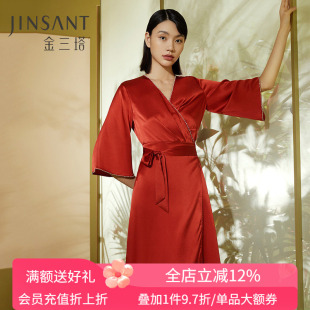 金三塔19姆米100%桑蚕丝真丝钉珠时尚 美背红色婚庆新娘伴娘晨袍