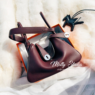 林迪包枕头包琳迪医生4B老金手缝蜡线进口皮H酒红26马鞍红色