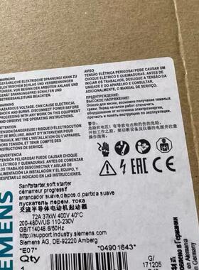 议价3RW4038-1BB14 交流半导体电动机起动器 72A 37KW 400V维修