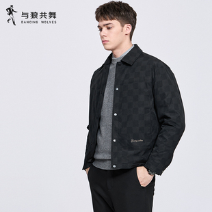 【羽绒内胆】与狼共舞翻领夹克男2025秋冬新款棋盘格提花休闲外套
