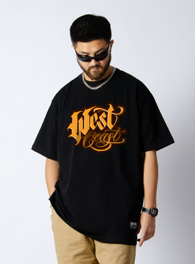 西海岸WEST COAST美式花体字重磅纯棉old school小领口嘻哈男女