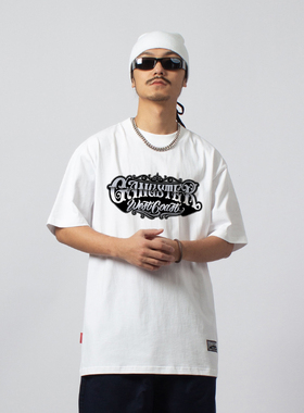 FunkyChoice夏季纯棉美式匪帮印花短袖宽松潮牌半袖男女花体字T恤