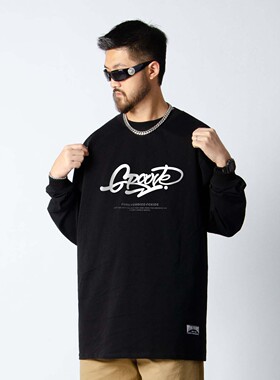 FunkyChoice街舞服装groove字母印花圆领上衣嘻哈长袖T恤男女同款