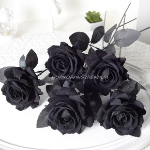 仿真花黑色玫瑰花束万圣节鬼节恐怖哥特黑暗网红瀑布装饰道具假花