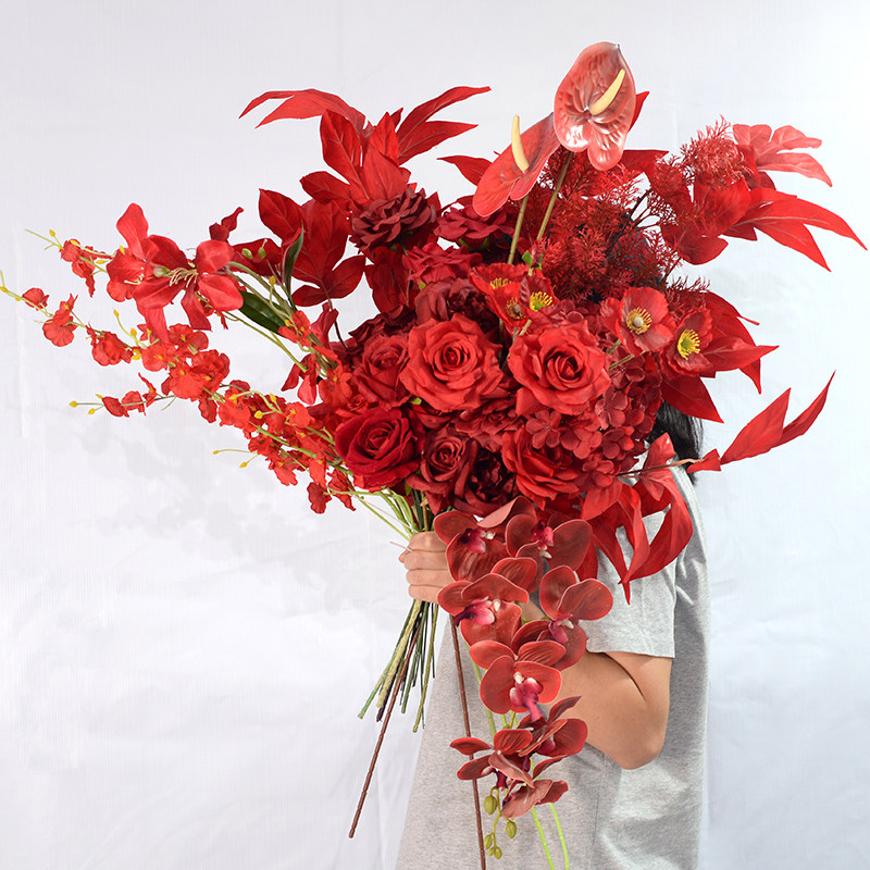 红色仿真花材假花束手工布艺玫瑰兰花插花现代简约室内装饰布置花