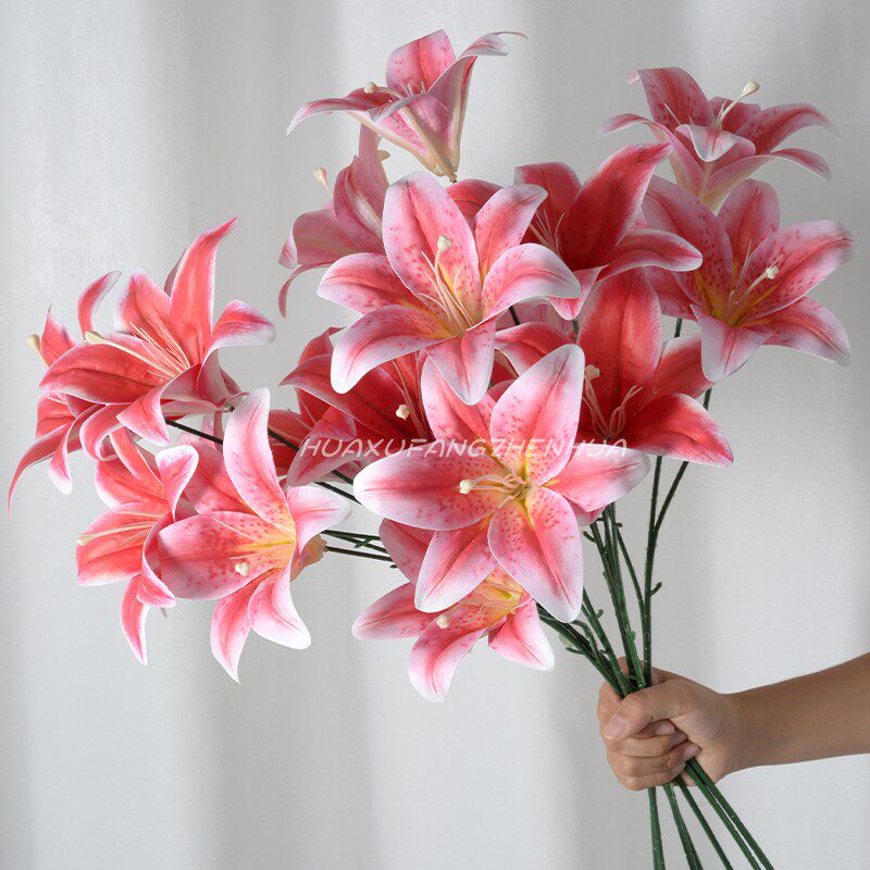 仿真百合花胶片3头百合假花摆设图片