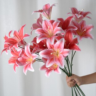 仿真百合花3D胶片3头百合婚庆礼堂路引装饰花家居假花仿真花摆设